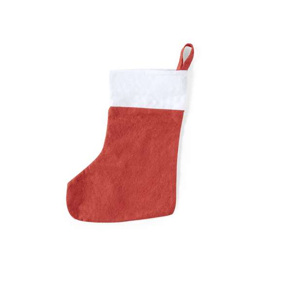 Calcetín navideño de gran capacidad en tradicional combinación de colores navideños y con cinta para colgar.