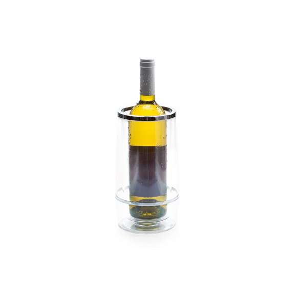 Botellero para botellas de vino de hasta 75 cl en original acabado transparente en variados colores. Con anillas en color plateado brillante y base adaptada para botella. Presentado en caja individual.