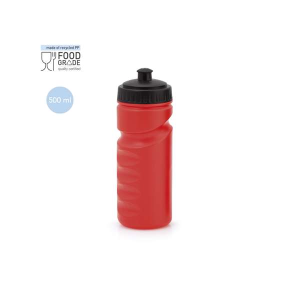 Bidón de 500 ml fabricado en resistente PE. Con diseño ergonómico que se adapta perfectamente a la mano y tapón a rosca con dosificador, que garantiza un sellado perfecto. Disponible en variada gama de colores.