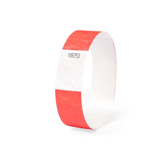 Pulsera para eventos en fibra sintética y variada gama de vivos colores. Con cierre adhesivo, resistente al agua y presentada en plancha troquelada de 10 piezas con numeración individual.