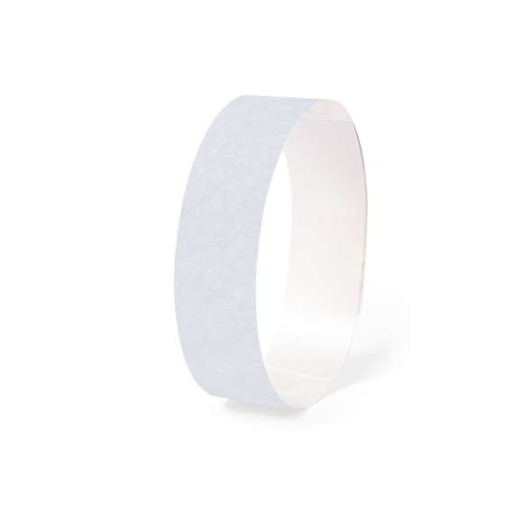 Pulsera para eventos en fibra sintética y variada gama de vivos colores. Con cierre adhesivo, resistente al agua y presentada en plancha troquelada de 10 piezas con numeración individual.