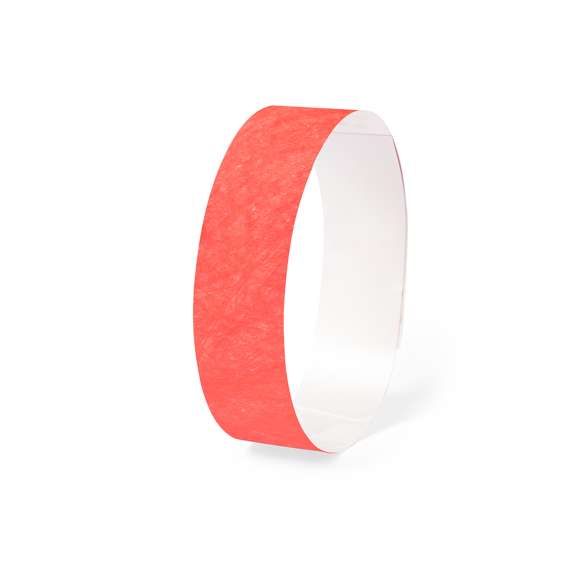 Pulsera para eventos en fibra sintética y variada gama de vivos colores. Con cierre adhesivo, resistente al agua y presentada en plancha troquelada de 10 piezas con numeración individual.