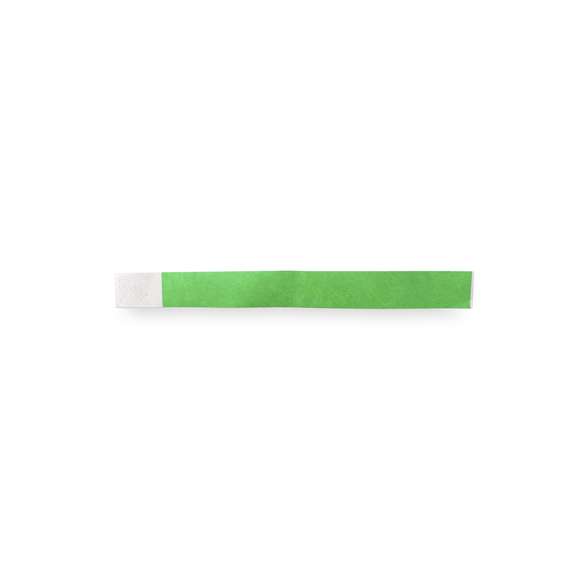 Pulsera para eventos en fibra sintética y variada gama de vivos colores. Con cierre adhesivo, resistente al agua y presentada en plancha troquelada de 10 piezas con numeración individual.