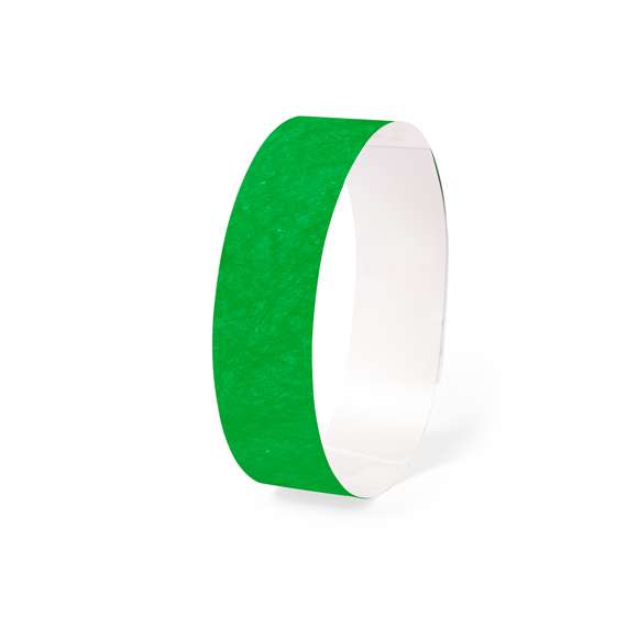 Pulsera para eventos en fibra sintética y variada gama de vivos colores. Con cierre adhesivo, resistente al agua y presentada en plancha troquelada de 10 piezas con numeración individual.