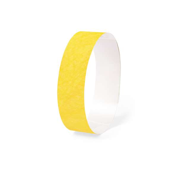 Pulsera para eventos en fibra sintética y variada gama de vivos colores. Con cierre adhesivo, resistente al agua y presentada en plancha troquelada de 10 piezas con numeración individual.