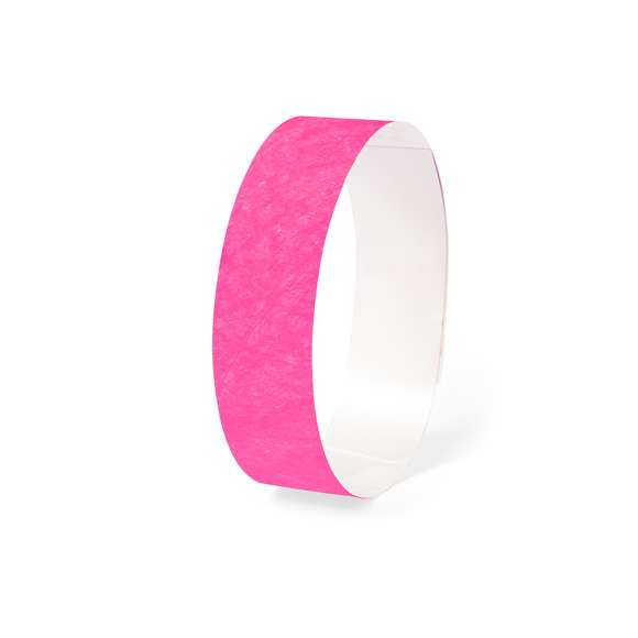 Pulsera para eventos en fibra sintética y variada gama de vivos colores. Con cierre adhesivo, resistente al agua y presentada en plancha troquelada de 10 piezas con numeración individual.