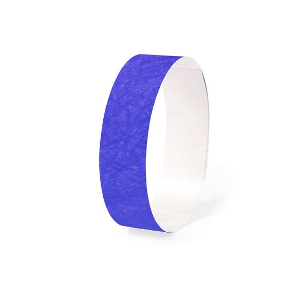 Pulsera para eventos en fibra sintética y variada gama de vivos colores. Con cierre adhesivo, resistente al agua y presentada en plancha troquelada de 10 piezas con numeración individual.