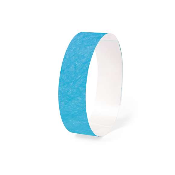 Pulsera para eventos en fibra sintética y variada gama de vivos colores. Con cierre adhesivo, resistente al agua y presentada en plancha troquelada de 10 piezas con numeración individual.