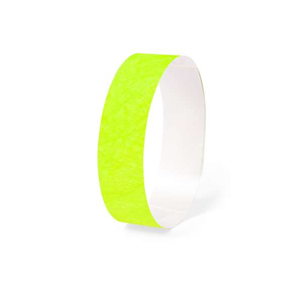 Pulsera para eventos en fibra sintética y variada gama de vivos colores. Con cierre adhesivo, resistente al agua y presentada en plancha troquelada de 10 piezas con numeración individual.