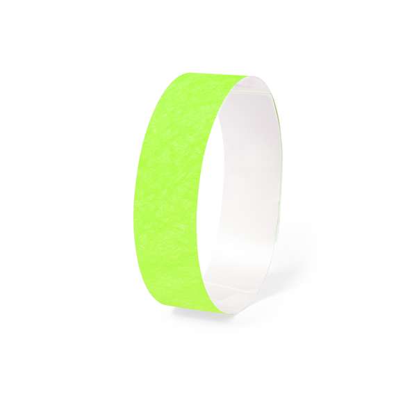 Pulsera para eventos en fibra sintética y variada gama de vivos colores. Con cierre adhesivo, resistente al agua y presentada en plancha troquelada de 10 piezas con numeración individual.
