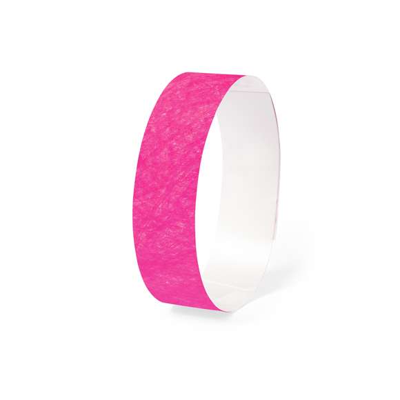 Pulsera para eventos en fibra sintética y variada gama de vivos colores. Con cierre adhesivo, resistente al agua y presentada en plancha troquelada de 10 piezas con numeración individual.