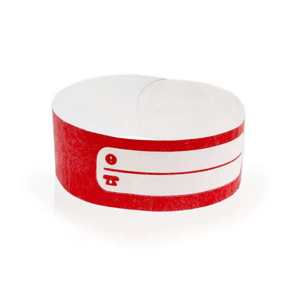 Pulsera en fibra sintética para niño en variada gama de vivos colores. Con campos de identificación, de cierre adhesivo, resistente al agua y presentada en plancha troquelada de 10 piezas.