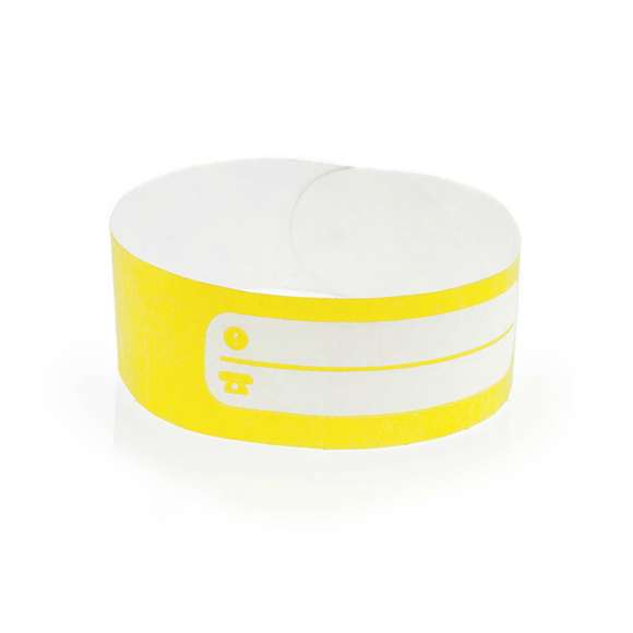 Pulsera en fibra sintética para niño en variada gama de vivos colores. Con campos de identificación, de cierre adhesivo, resistente al agua y presentada en plancha troquelada de 10 piezas.