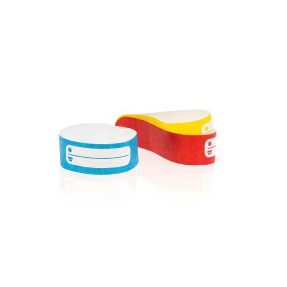 Pulsera en fibra sintética para niño en variada gama de vivos colores. Con campos de identificación, de cierre adhesivo, resistente al agua y presentada en plancha troquelada de 10 piezas.