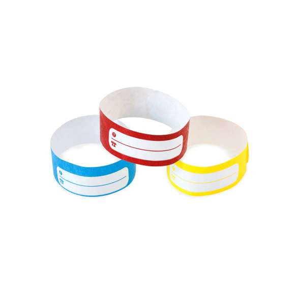 Pulsera en fibra sintética para niño en variada gama de vivos colores. Con campos de identificación, de cierre adhesivo, resistente al agua y presentada en plancha troquelada de 10 piezas.