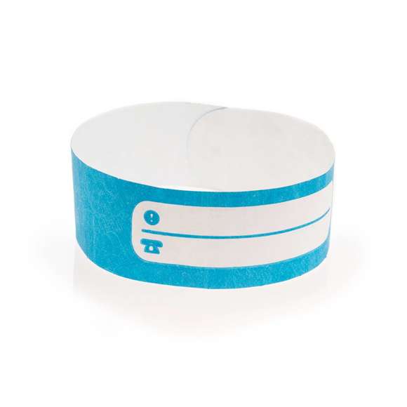 Pulsera en fibra sintética para niño en variada gama de vivos colores. Con campos de identificación, de cierre adhesivo, resistente al agua y presentada en plancha troquelada de 10 piezas.