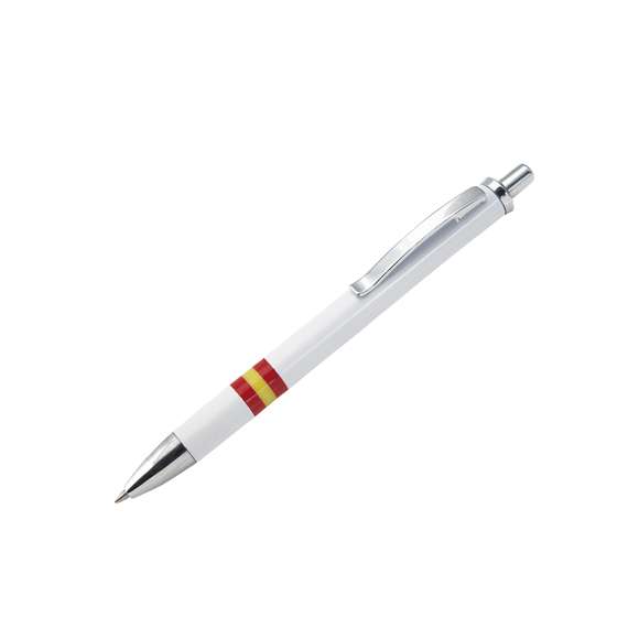 Bolígrafo de mecanismo pulsador de elegante diseño bicolor con accesorios en color plateado brillante y cuerpo de suave acabado en color blanco brillante con la bandera nacional. Con clip metálico, de cartucho jumbo y tinta azul.