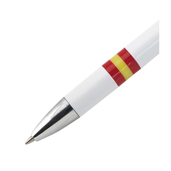Bolígrafo de mecanismo pulsador de elegante diseño bicolor con accesorios en color plateado brillante y cuerpo de suave acabado en color blanco brillante con la bandera nacional. Con clip metálico, de cartucho jumbo y tinta azul.