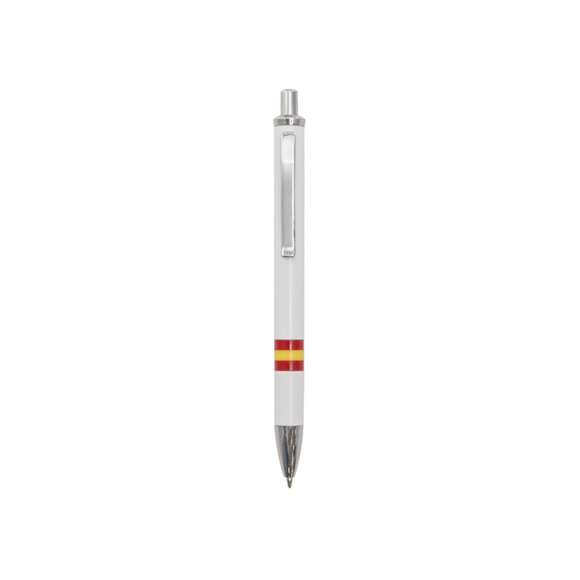 Bolígrafo de mecanismo pulsador de elegante diseño bicolor con accesorios en color plateado brillante y cuerpo de suave acabado en color blanco brillante con la bandera nacional. Con clip metálico, de cartucho jumbo y tinta azul.