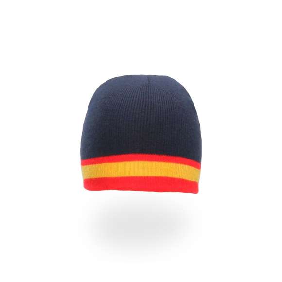 Suave y cálido gorro en combinación de materiales algodón y poliéster elástico de diseño España con doble cobertura. Disponible en colores azul y blanco.