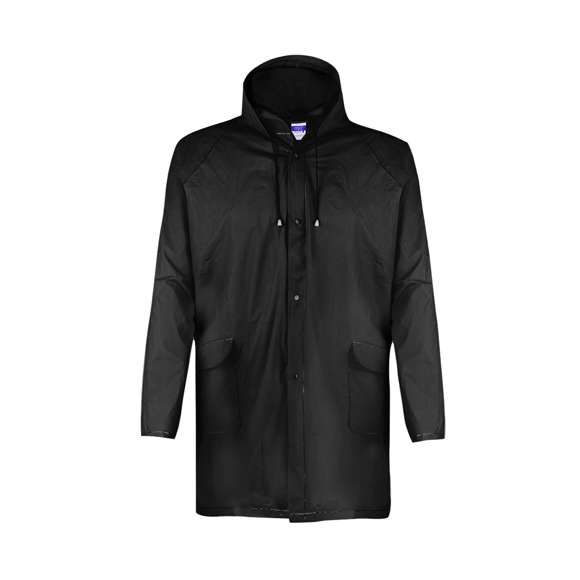 Impermeable en resistente EVA de acabado termosellado en variada gama de colores. Capucha dcon cintas de ajuste, cierre principal de corchete y con bolsillos laterales de solapa. Talla única para adulto.