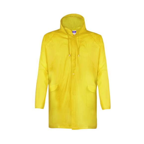 Impermeable en resistente EVA de acabado termosellado en variada gama de colores. Capucha dcon cintas de ajuste, cierre principal de corchete y con bolsillos laterales de solapa. Talla única para adulto.