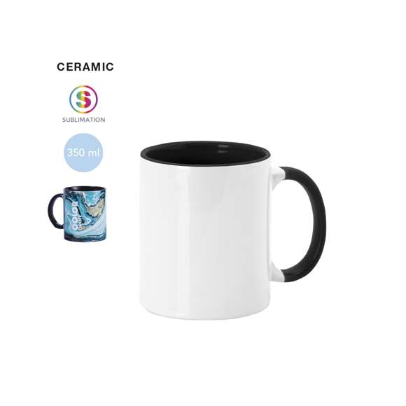 Taza de cerámica de 350ml. Diseño exterior en color blanco especialmente diseñado para la sublimación, pudiendo transferir todo tipo de diseños a todo color, y con una original asa e interior de vivos colores. Cada taza viene presentada en caja individual kraft.