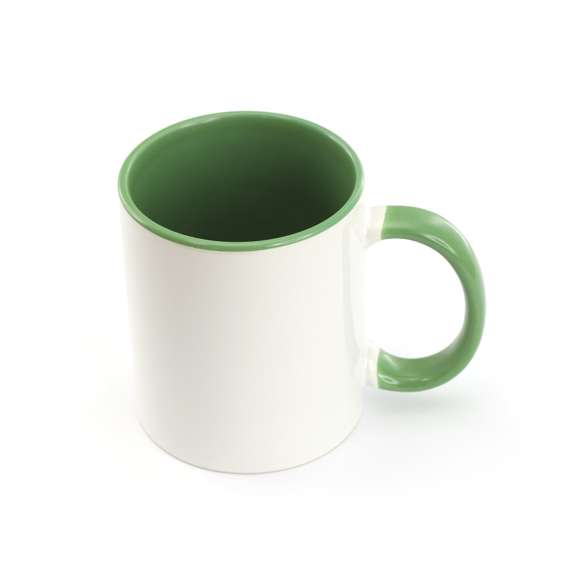 Taza de cerámica de 350ml. Diseño exterior en color blanco especialmente diseñado para la sublimación, pudiendo transferir todo tipo de diseños a todo color, y con una original asa e interior de vivos colores. Cada taza viene presentada en caja individual kraft.