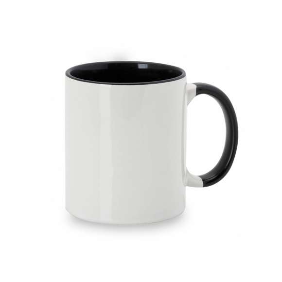 Taza de cerámica de 350ml. Diseño exterior en color blanco especialmente diseñado para la sublimación, pudiendo transferir todo tipo de diseños a todo color, y con una original asa e interior de vivos colores. Cada taza viene presentada en caja individual kraft.