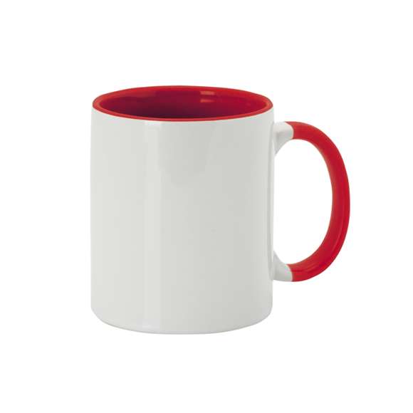Taza de cerámica de 350ml. Diseño exterior en color blanco especialmente diseñado para la sublimación, pudiendo transferir todo tipo de diseños a todo color, y con una original asa e interior de vivos colores. Cada taza viene presentada en caja individual kraft.