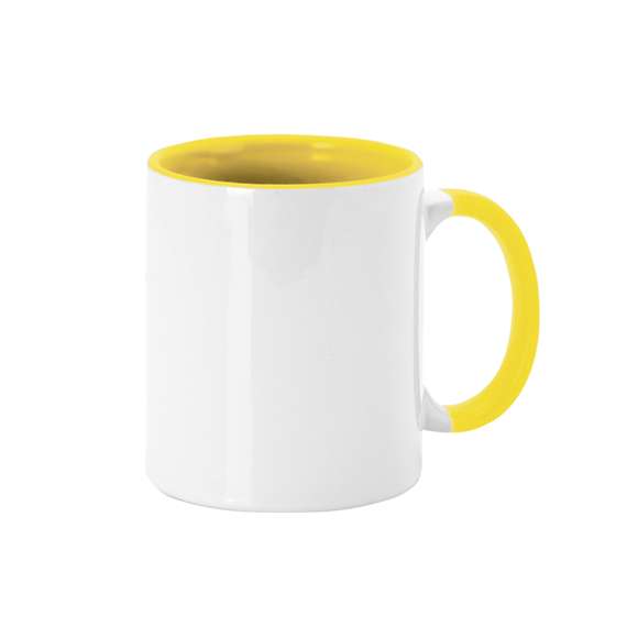 Taza de cerámica de 350ml. Diseño exterior en color blanco especialmente diseñado para la sublimación, pudiendo transferir todo tipo de diseños a todo color, y con una original asa e interior de vivos colores. Cada taza viene presentada en caja individual kraft.