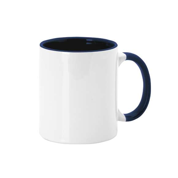 Taza de cerámica de 350ml. Diseño exterior en color blanco especialmente diseñado para la sublimación, pudiendo transferir todo tipo de diseños a todo color, y con una original asa e interior de vivos colores. Cada taza viene presentada en caja individual kraft.