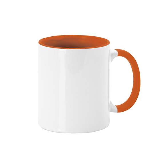 Taza de cerámica de 350ml. Diseño exterior en color blanco especialmente diseñado para la sublimación, pudiendo transferir todo tipo de diseños a todo color, y con una original asa e interior de vivos colores. Cada taza viene presentada en caja individual kraft.