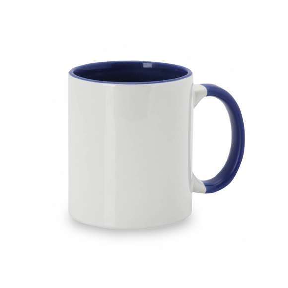 Taza de cerámica de 350ml. Diseño exterior en color blanco especialmente diseñado para la sublimación, pudiendo transferir todo tipo de diseños a todo color, y con una original asa e interior de vivos colores. Cada taza viene presentada en caja individual kraft.