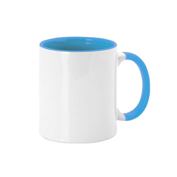Taza de cerámica de 350ml. Diseño exterior en color blanco especialmente diseñado para la sublimación, pudiendo transferir todo tipo de diseños a todo color, y con una original asa e interior de vivos colores. Cada taza viene presentada en caja individual kraft.