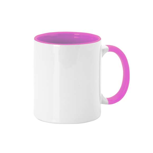 Taza de cerámica de 350ml. Diseño exterior en color blanco especialmente diseñado para la sublimación, pudiendo transferir todo tipo de diseños a todo color, y con una original asa e interior de vivos colores. Cada taza viene presentada en caja individual kraft.