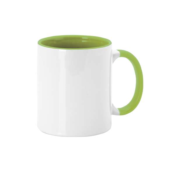 Taza de cerámica de 350ml. Diseño exterior en color blanco especialmente diseñado para la sublimación, pudiendo transferir todo tipo de diseños a todo color, y con una original asa e interior de vivos colores. Cada taza viene presentada en caja individual kraft.