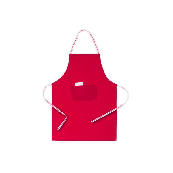 Delantal de alta calidad en material TC -combinado de algodón y poliéster-. En variada gama de vivos colores, con bolsillo doble frontal y cintas de ajuste bicolor. De corte por encima de la rodilla.