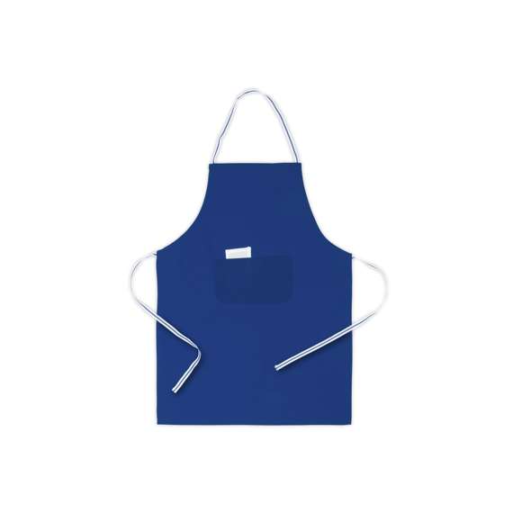 Delantal de alta calidad en material TC -combinado de algodón y poliéster-. En variada gama de vivos colores, con bolsillo doble frontal y cintas de ajuste bicolor. De corte por encima de la rodilla.