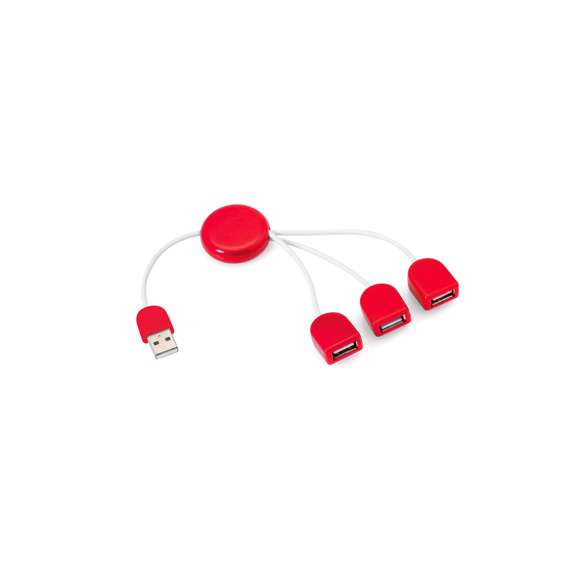 Puerto USB 2.0 en vivos colores con accesorios a juego. Con 3 puertos USB y pastilla circular lisa para marcaje. Presentado en caja individual negra.