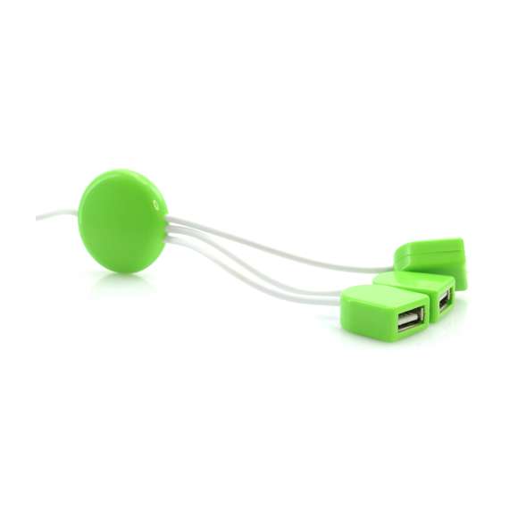 Puerto USB 2.0 en vivos colores con accesorios a juego. Con 3 puertos USB y pastilla circular lisa para marcaje. Presentado en caja individual negra.