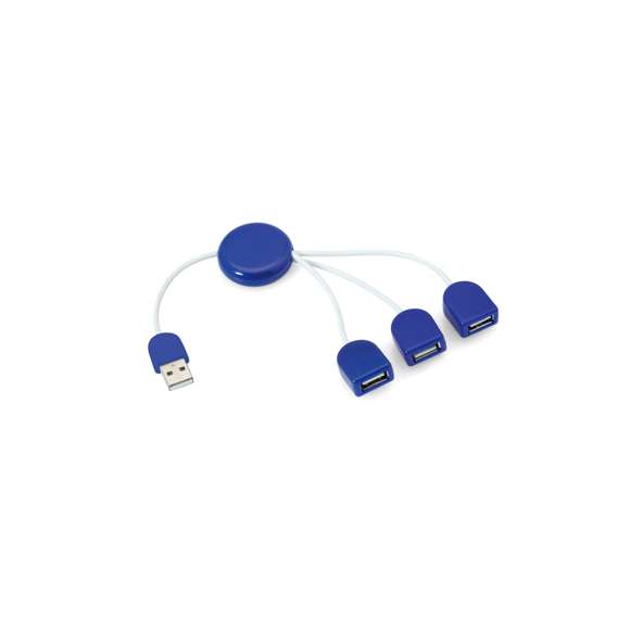 Puerto USB 2.0 en vivos colores con accesorios a juego. Con 3 puertos USB y pastilla circular lisa para marcaje. Presentado en caja individual negra.