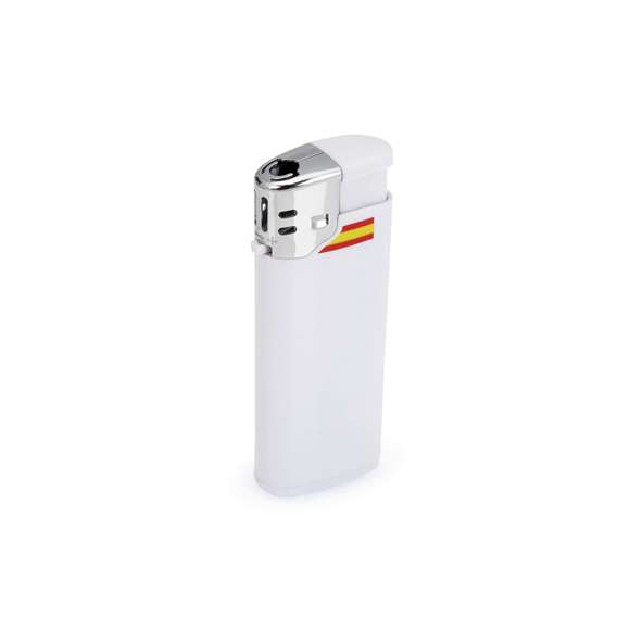Mini encendedor a gas de mecanismo eléctrico y diseño España, en elegante color blanco sólido. Con protección infantil, recargable y regulador de llama. Servidos en cajas de 50 unidades.
