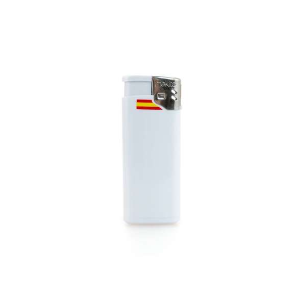 Mini encendedor a gas de mecanismo eléctrico y diseño España, en elegante color blanco sólido. Con protección infantil, recargable y regulador de llama. Servidos en cajas de 50 unidades.