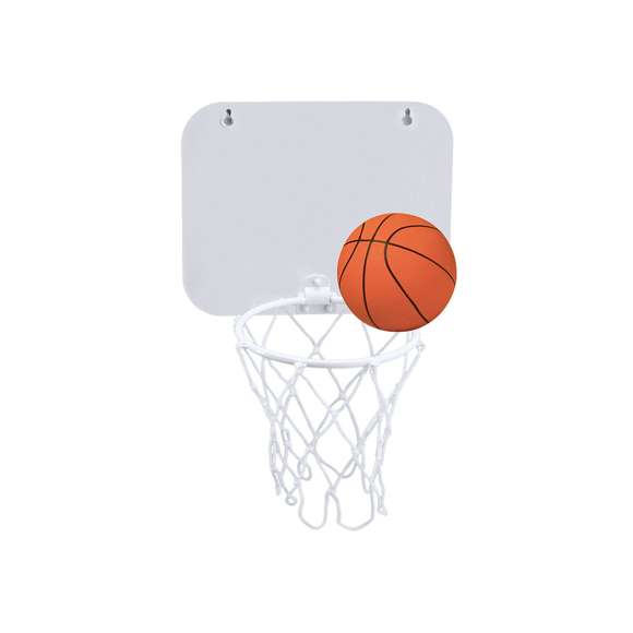 Canasta en PVC con tablero en vivos colores. Con pelota de minibasket incluida y ventosas en parte trasera para fijación.
