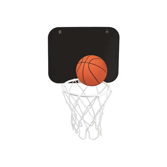 Canasta en PVC con tablero en vivos colores. Con pelota de minibasket incluida y ventosas en parte trasera para fijación.