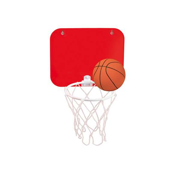 Canasta en PVC con tablero en vivos colores. Con pelota de minibasket incluida y ventosas en parte trasera para fijación.