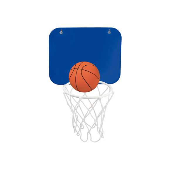 Canasta en PVC con tablero en vivos colores. Con pelota de minibasket incluida y ventosas en parte trasera para fijación.