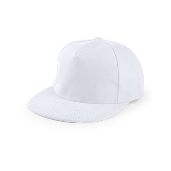 Gorra de 5 paneles con visera plana acolchada. En combinación de materiales algodón y poliéster grueso de suave acabado, con cierre ajustable de velcro y en vivos colores.