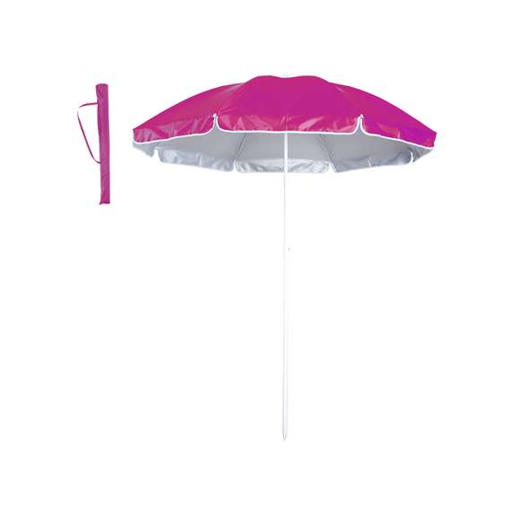 Sombrilla de playa de 8 paneles de resistente nylon e interior en color gris plateado con protección UV. En variada gama de vivos colores, de 150cm de diámetro, con faldones laterales ribeteados, tubos metalizados en color blanco y ajustable en altura. Presentada en funda de nylon con cinta de transporte para hombro.